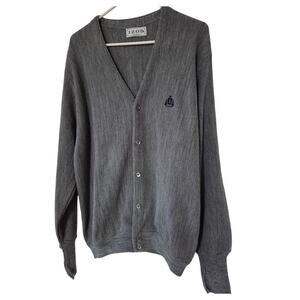 Vtg Izod Large Cardigan Sweater Gray Tennis Varsity Preppy Embroidered Shield